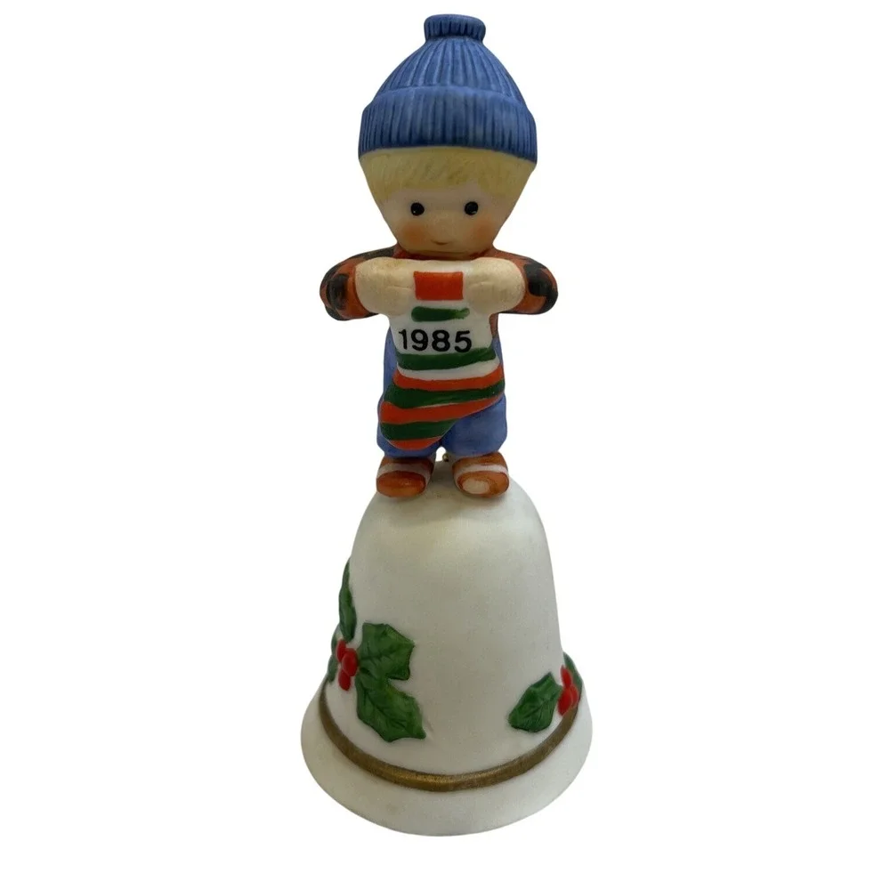 Vintage 1985 Enesco‎ Christmas Bell Figurine Boy Holding Stocking Ornament
